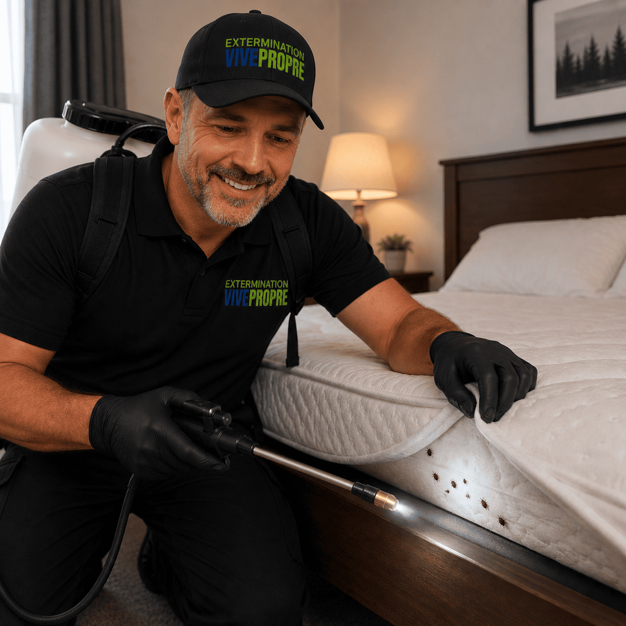 Pendant le traitement : technicien certifié inspectant le matelas